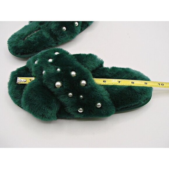 Victoria's Secret Green Slippers Womens Small Faux Fur Slides Pearl Accents Soft - Picture 9 of 9